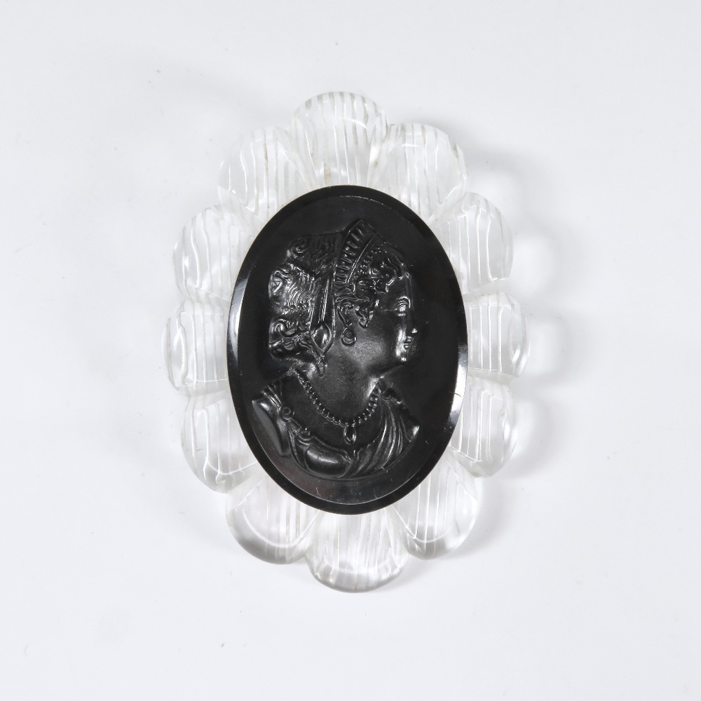 Celluloid Black Cameo Brooch, Clear Lucite Frame, Vintage